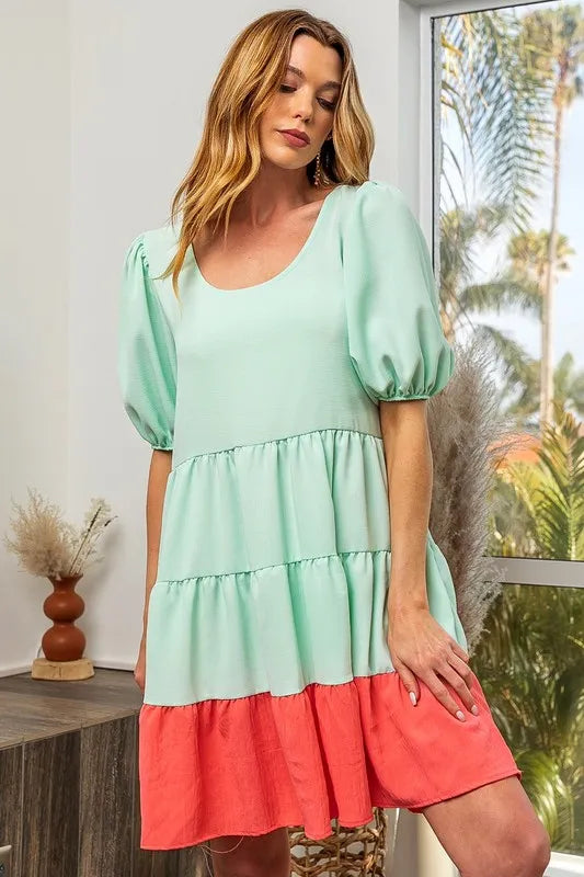 Mint and coral BiBi mini dress with balloon sleeves, U-neck, tiered design, and ruffle hem, by Trendsi.