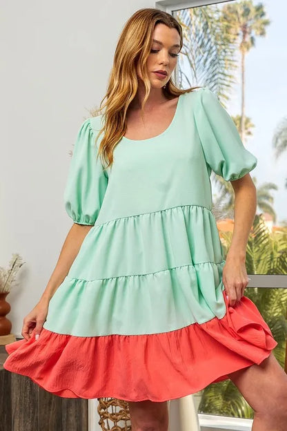 Mint and coral BiBi mini dress with balloon sleeves, U-neck, tiered design, and ruffle hem by Trendsi.