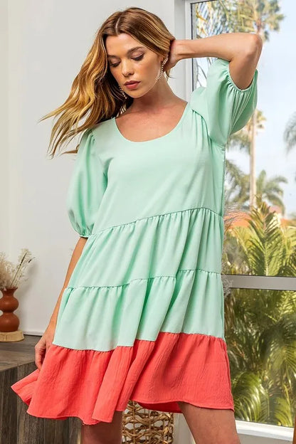 Trendsi mint and coral two-tone mini dress with balloon sleeves, U-neck, and tiered ruffle hem, perfect for stylish summer wear.