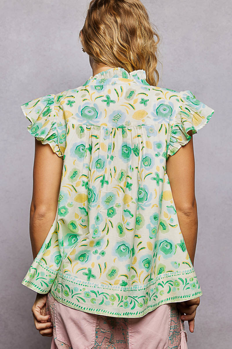 Mint green floral flutter sleeve blouse with tassel ties from Trendsi, featuring a lightweight, feminine design and relaxed fit.