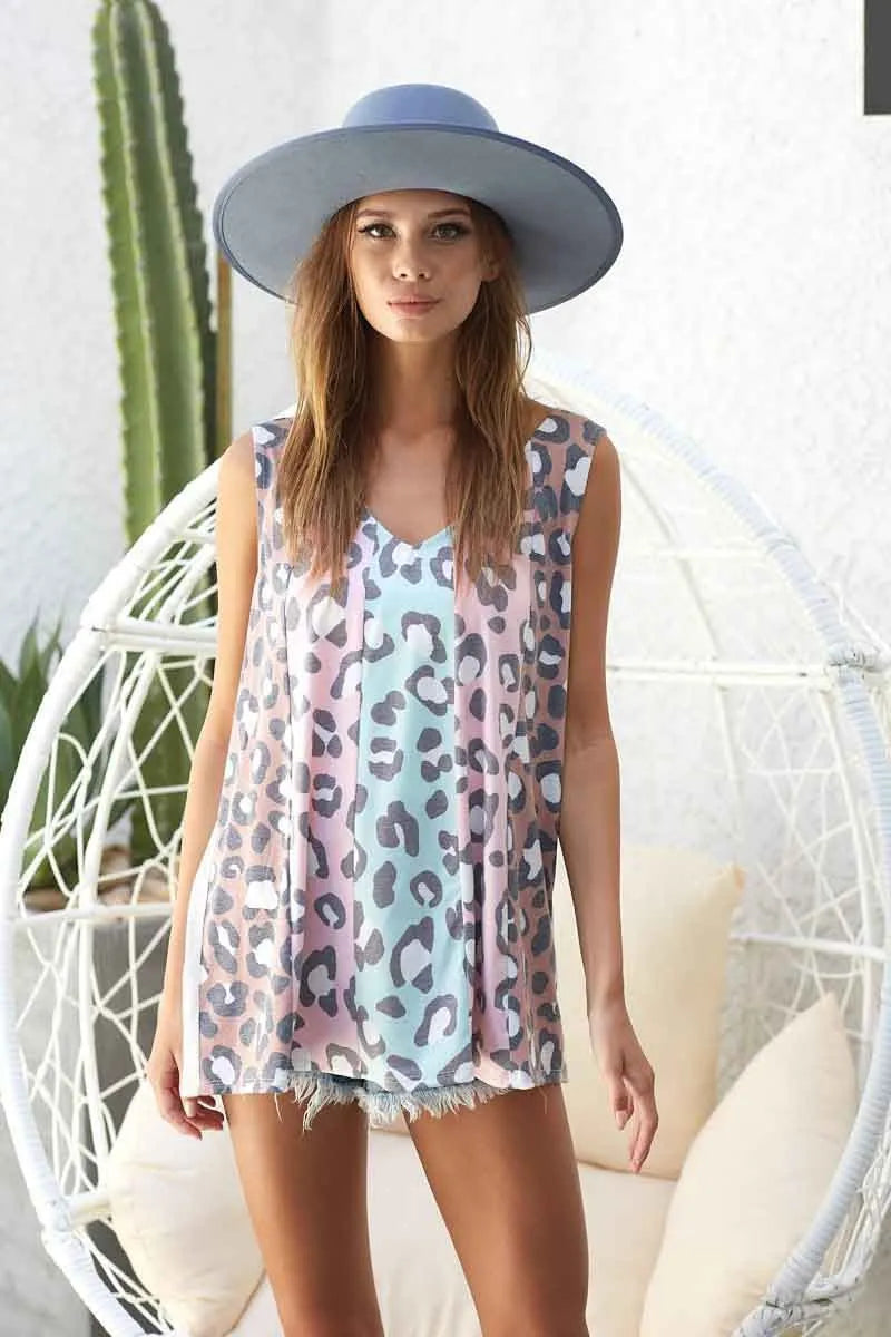 Trendi BiBi leopard print sleeveless jersey knit top in mint pink and mocha color block design