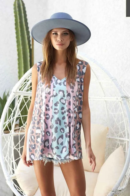 Trendi BiBi leopard print sleeveless jersey knit top in mint pink and mocha color block design