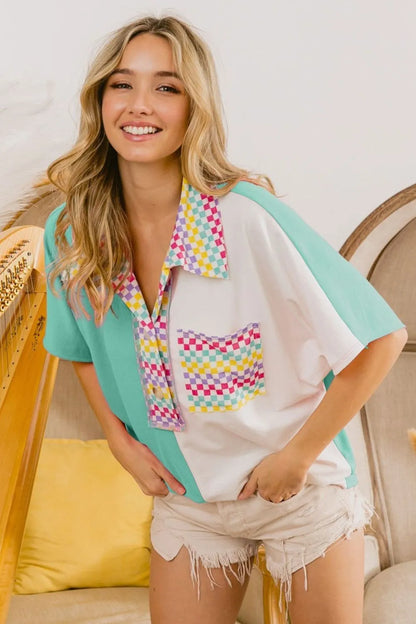 Mint green BiBi color block knit top with multi-checker contrast pattern from Trendsi.