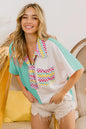 Mint green BiBi color block knit top with multi-checker contrast pattern from Trendsi.