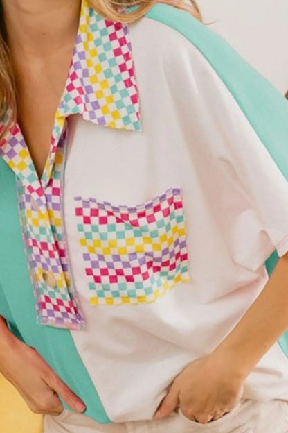 Mint green BiBi color block knit top with multi-checker contrast details, stylish and cozy Trendsi women's fashion blouse.