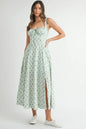 Mint floral print bustier midi dress with back lace-up detail by Trendsi, shown on a model.