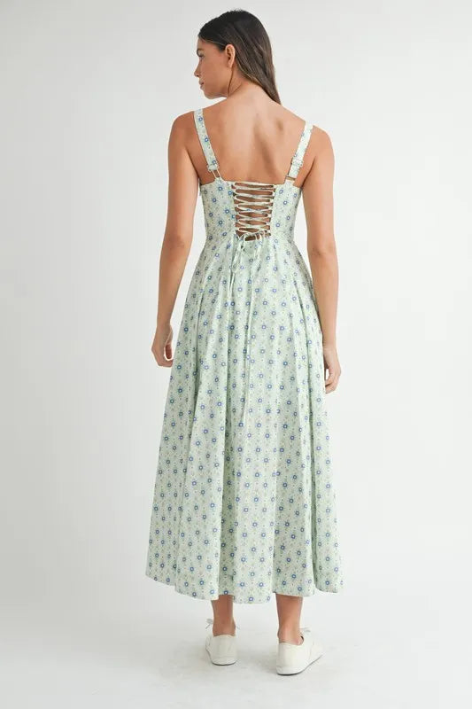 Mint floral print MABLE midi dress by Trendsi featuring a bustier style with back lace-up design and feminine silhouette.