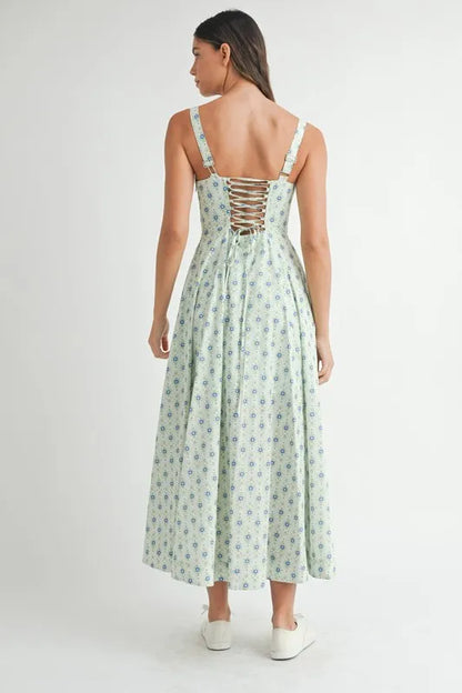 Mint floral print MABLE midi dress by Trendsi featuring a bustier style with back lace-up design and feminine silhouette.