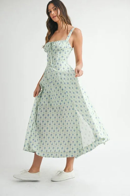 Mint floral print MABLE bustier midi dress with back lace-up detail, designed by Trendsi, shown on a model.