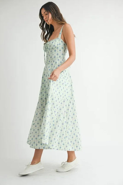 Mint floral print MABLE bustier midi dress with back lace-up detail by Trendsi, showcasing a fitted, elegant design.