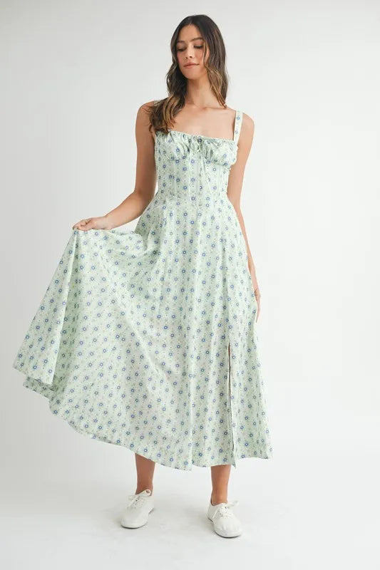 Mint floral print bustier midi dress with back lace-up detail from Trendsi, featuring a fitted bodice and flowing skirt.