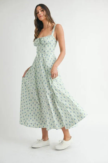 Mint floral print bustier midi dress with back lace-up detail, stylish and fitted from Trendsi.