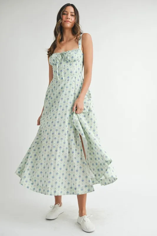 Mint floral print bustier midi dress with back lace-up design, stylish and feminine from Trendsi.