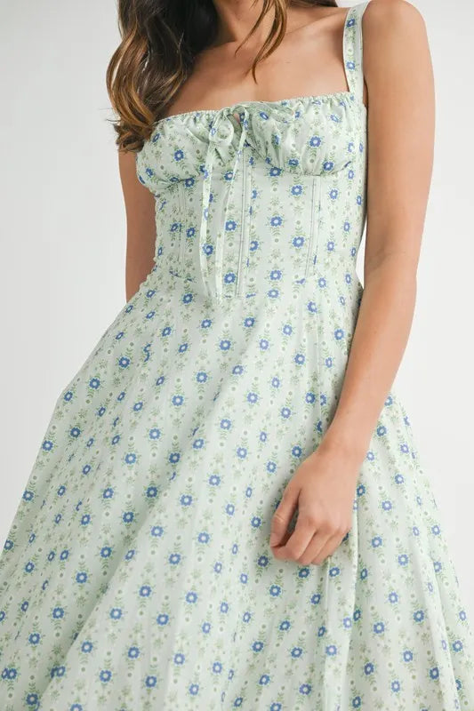 Mint floral print bustier midi dress with back lace-up detail by Trendsi, casual and feminine for summer or special occasions.
