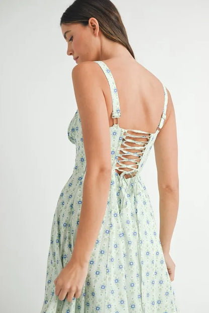 Mint floral print bustier midi dress with back lace-up detail by Trendsi, showcasing a fitted bodice and flowing skirt.