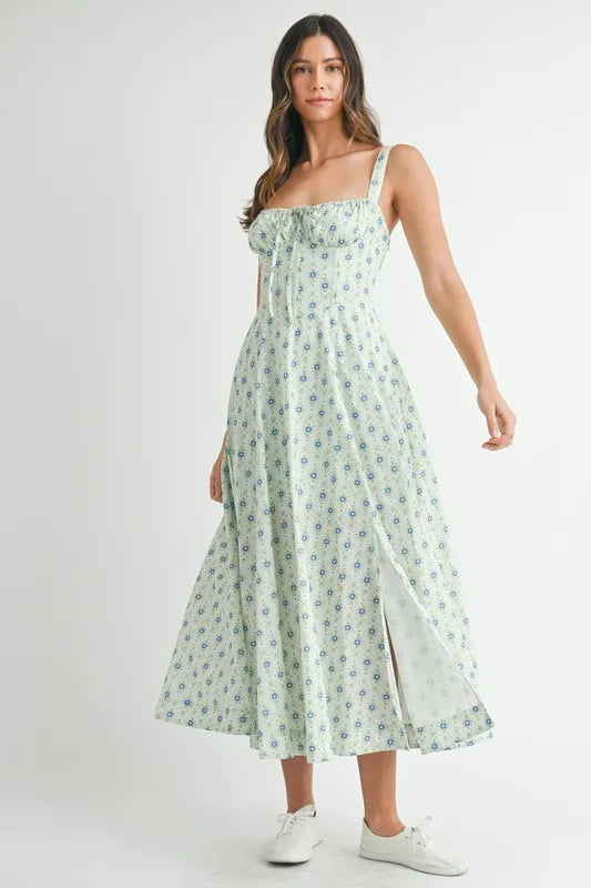 Mint floral print bustier midi dress with back lace-up detail from Trendsi, showcasing a fitted bodice and flowing skirt.
