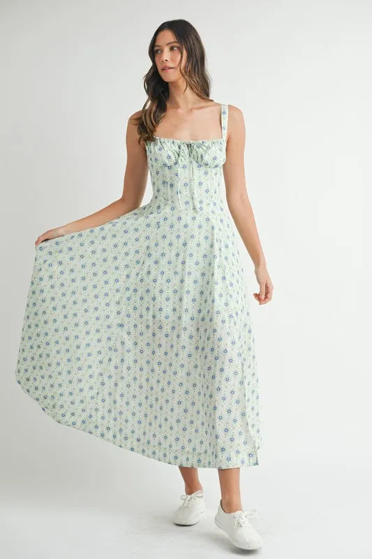 Mint floral print bustier midi dress with back lace-up detail, designed by Trendsi, showcasing elegant fashion and feminine style.