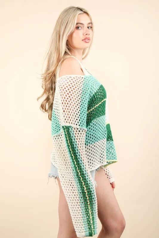 Mint green color block oversized summer knit cover-up by Very J, featuring a relaxed fit and casual style, perfect for beachwear.