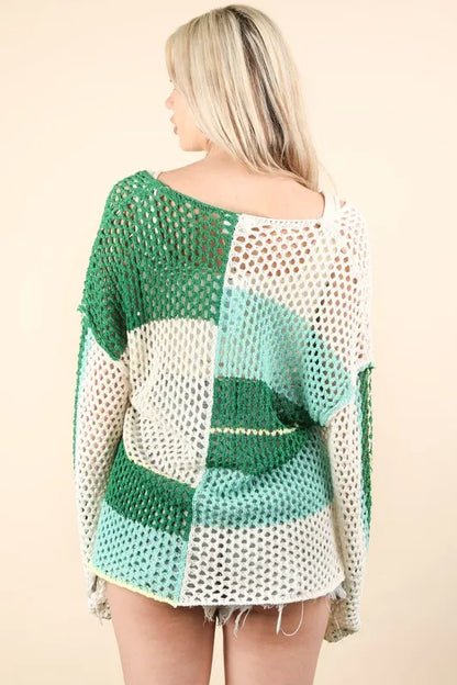 Mint green color block oversized summer knit cover-up by Trendsi, featuring a relaxed fit and lightweight, breathable fabric.