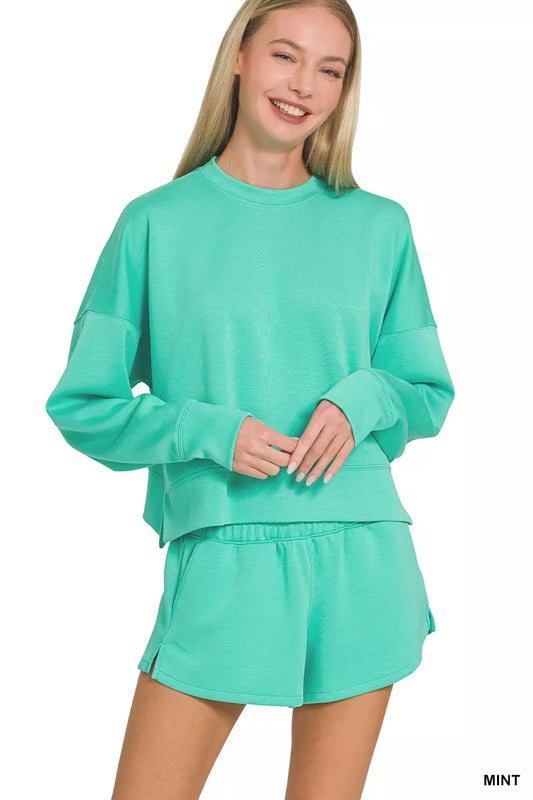 Mint green Zenana scuba long sleeve sweatshirt and shorts set, casual loungewear with comfortable fit and stylish design.