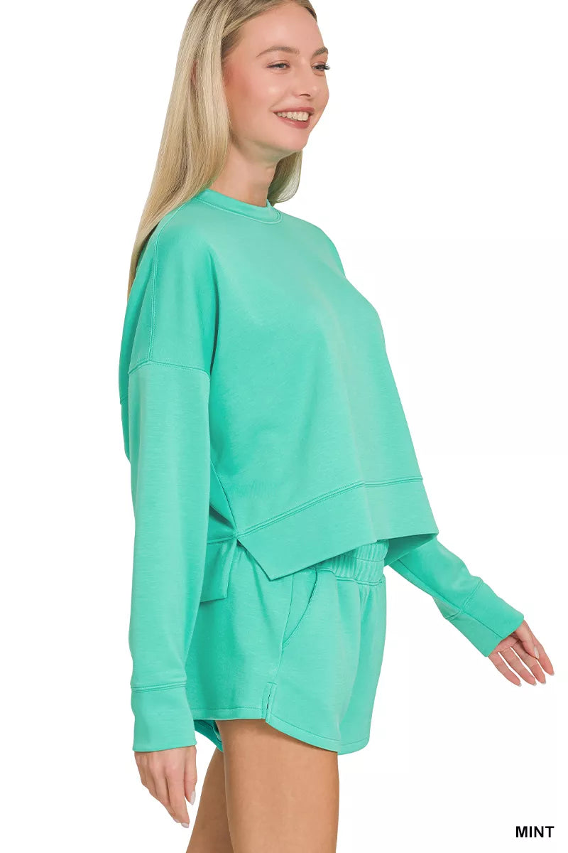 Mint Zenana Scuba Long Sleeve Sweatshirt and Shorts Set by Trendsi, featuring a comfortable, casual loungewear look.