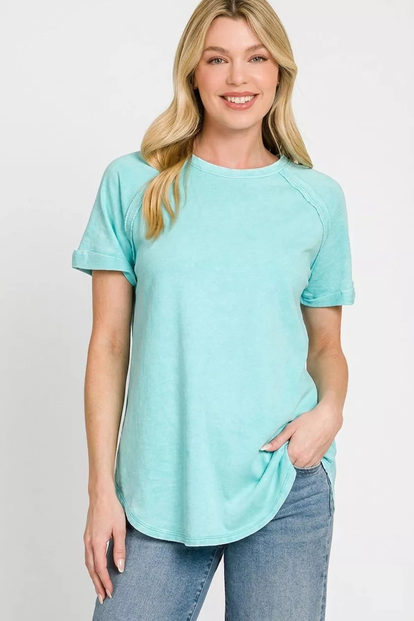Mint green Zenana French Terry Washed Curved Hem Top with a relaxed fit and rounded hem, perfect for casual wear.