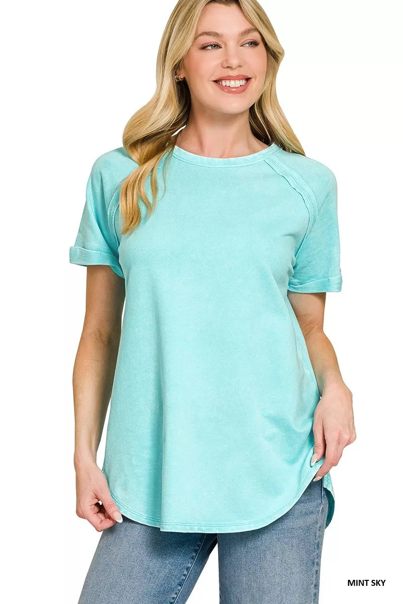 Mint green Zenana French Terry washed curved hem top with long sleeves and relaxed fit, casual loungewear or everyday style.