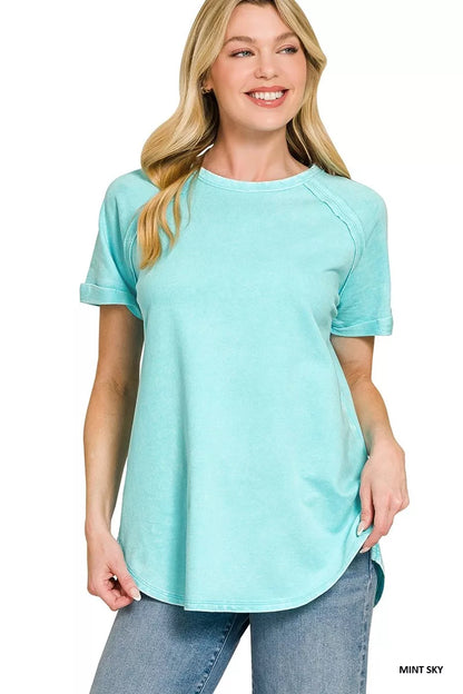 Mint green Zenana French Terry washed curved hem top with long sleeves and relaxed fit, casual loungewear or everyday style.