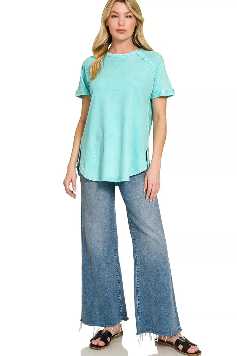 Mint green Zenana French Terry washed curved hem top with long sleeves and relaxed fit, casual stylish women's clothing.