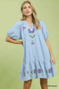 Blue Umgee embroidered floral babydoll dress with delicate embroidery and a flowy silhouette, perfect for casual or semi-formal wear.