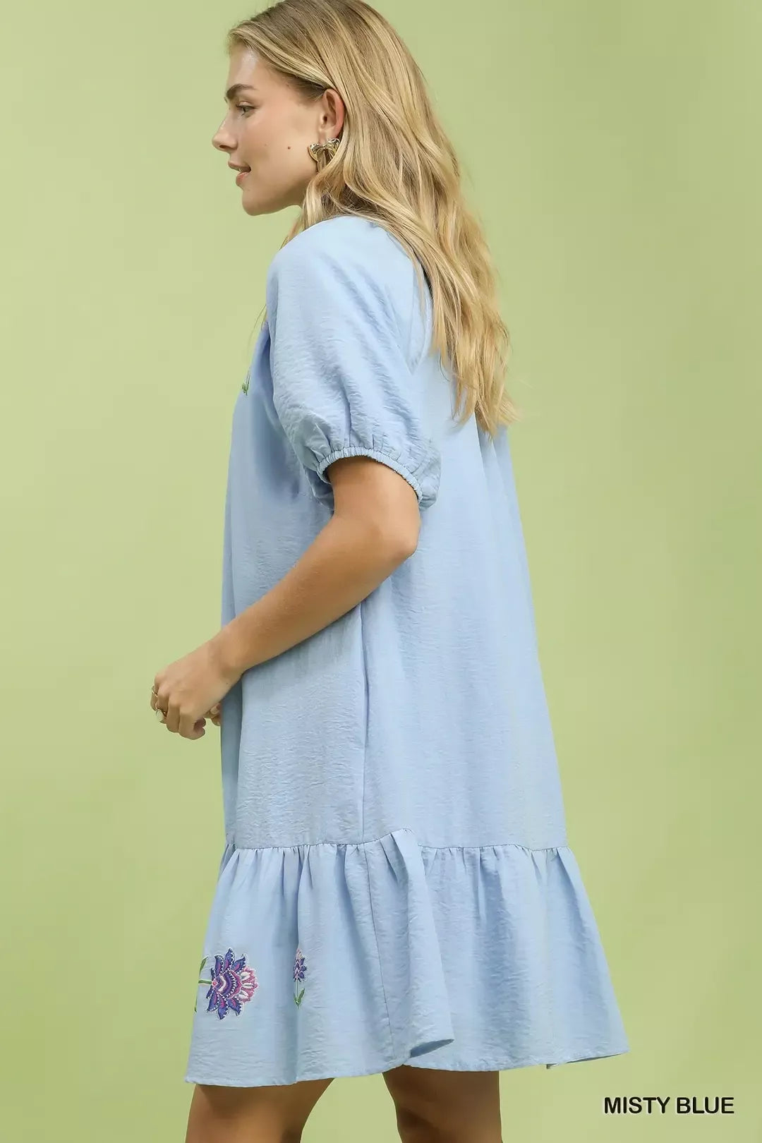 Umgee embroidered floral babydoll dress in misty blue with delicate embroidery and a relaxed, feminine fit.