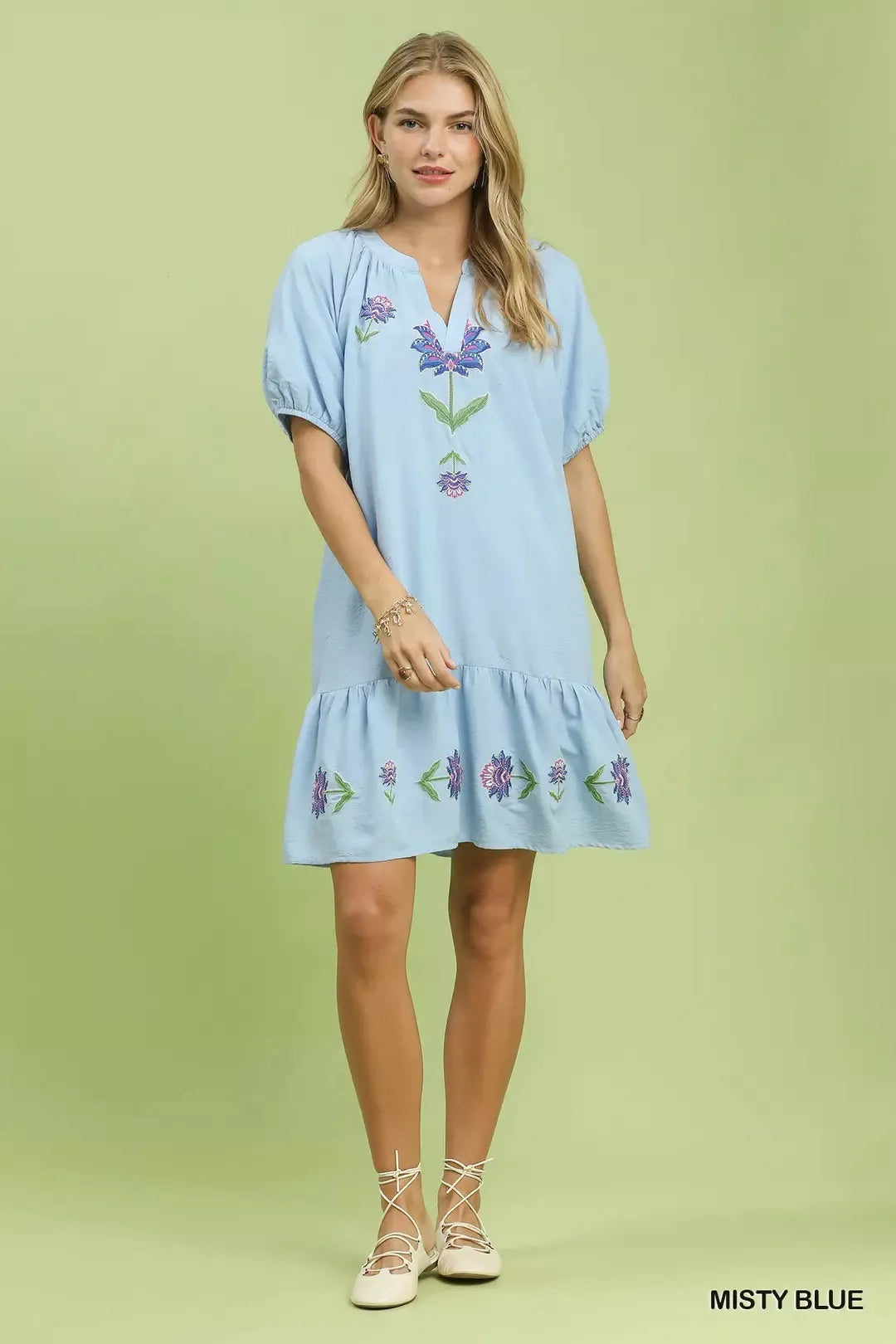 Blue embroidered floral babydoll dress by Umgee featuring intricate floral embroidery and a relaxed, feminine fit.