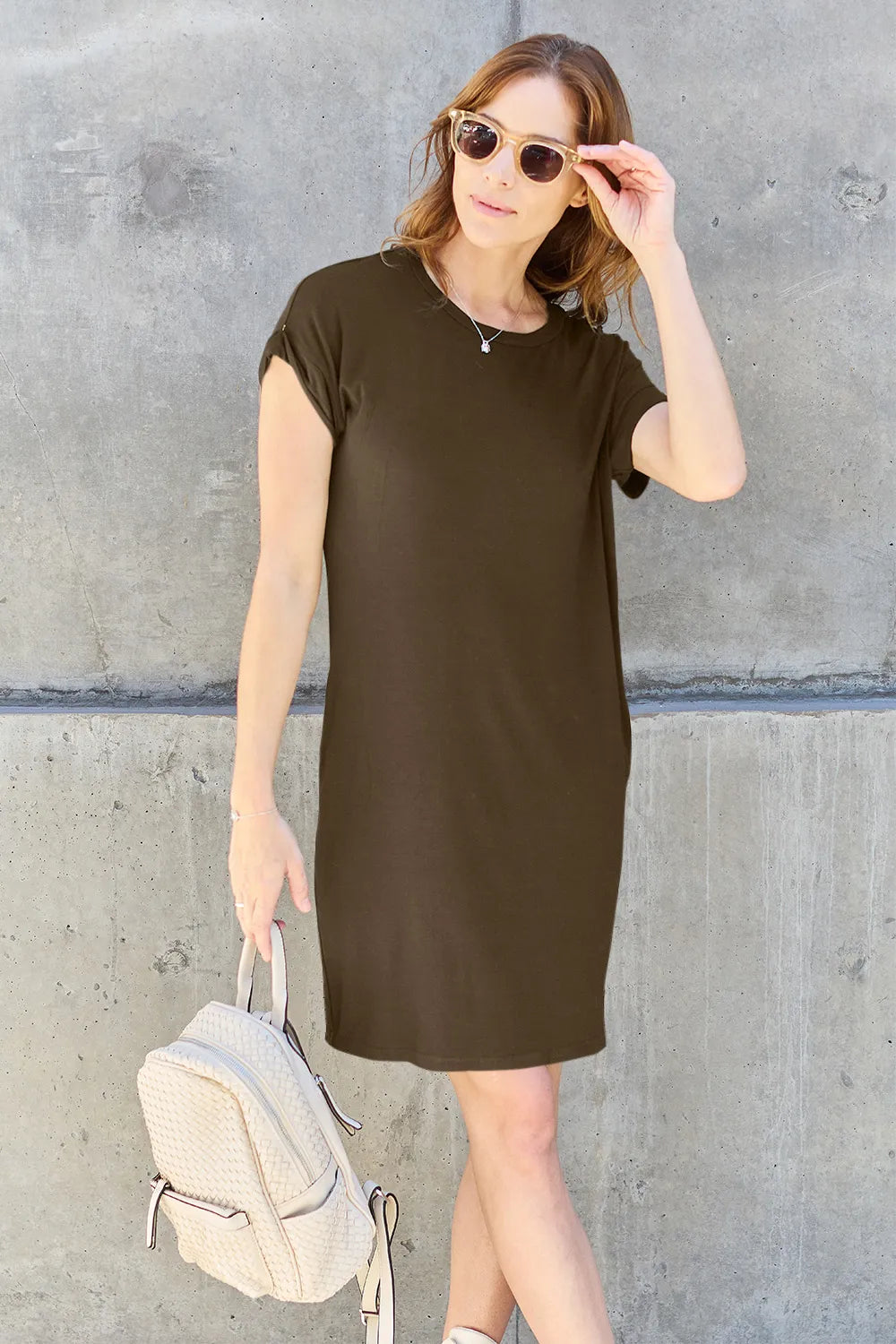 Trendsi Basic Bae full-size round neck short sleeve dress in mocha with side pockets, casual and comfortable women's dress.