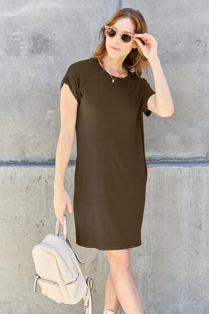 Trendsi Basic Bae full-size round neck short sleeve dress in mocha with side pockets, casual and comfortable women's dress.