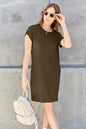 Trendsi Basic Bae full-size round neck short sleeve dress in mocha with side pockets, casual and comfortable women's dress.