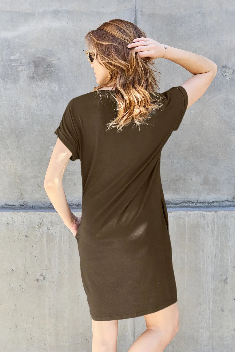 Trendsi Basic Bae mocha short sleeve round neck dress with pockets, full size, casual and comfortable everyday wear.