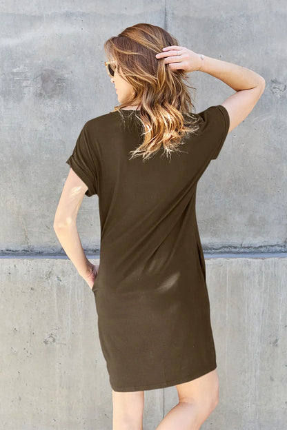 Trendsi Basic Bae mocha short sleeve round neck dress with pockets, full size, casual and comfortable everyday wear.
