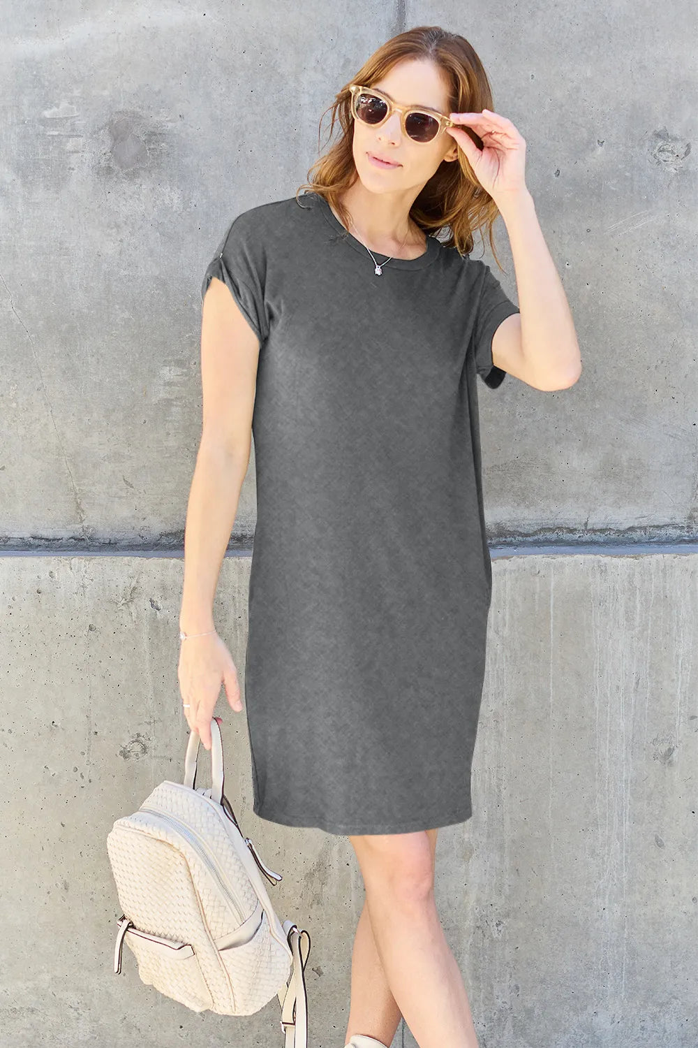 Mocha Basic Bae full-size round neck short sleeve dress with pockets by Trendsi, casual and comfortable everyday wear.