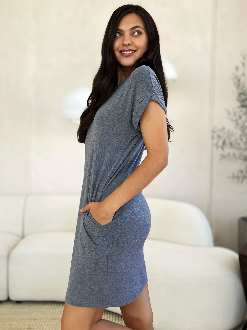Trendsi Basic Bae mocha round neck short sleeve dress with pockets, full size, casual and comfortable for everyday wear.