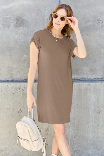 Trendsi Basic Bae full-size mocha round neck short sleeve dress with pockets, casual and comfortable for everyday wear