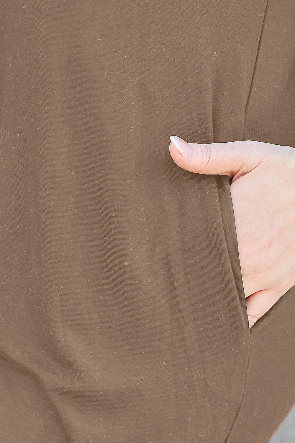 Trendsi Basic Bae full-size round neck short sleeve dress with pockets in mocha color, casual and comfortable for everyday wear.