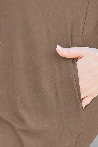 Trendsi Basic Bae full-size round neck short sleeve dress with pockets in mocha color, casual and comfortable for everyday wear.