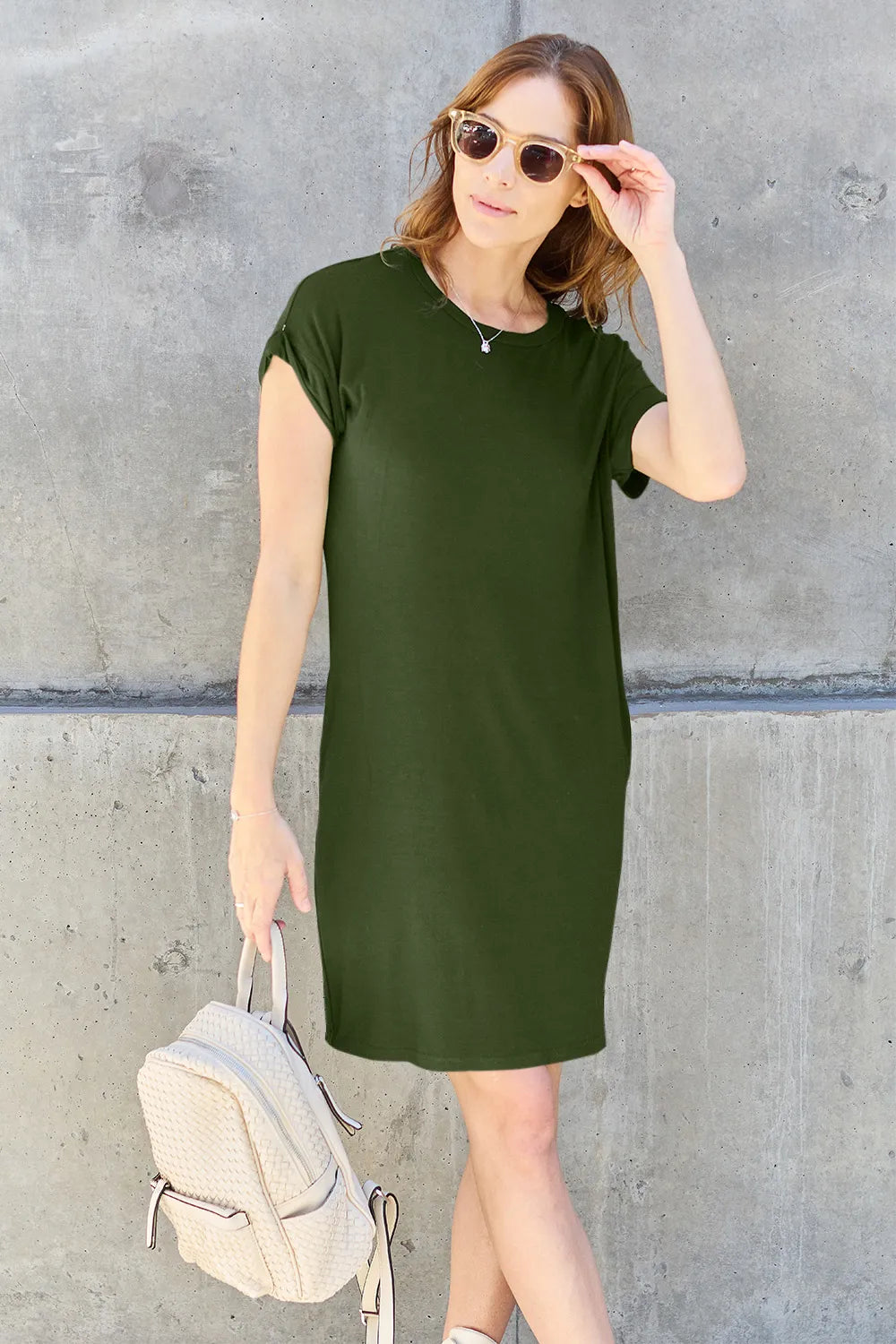Trendsi Basic Bae full-size mocha round neck short sleeve dress with pockets, casual and comfortable for everyday wear.