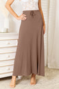 Mocha full-size soft rayon maxi skirt with drawstring waist from Trendsi, featuring a flowy, comfortable design.