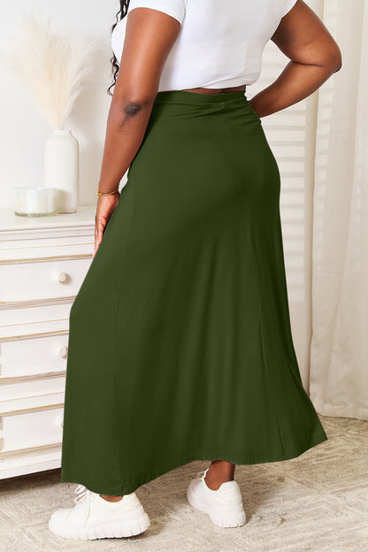 Mocha full-size soft rayon maxi skirt with drawstring waist from Trendsi, flowing and comfortable for casual or dressy wear.