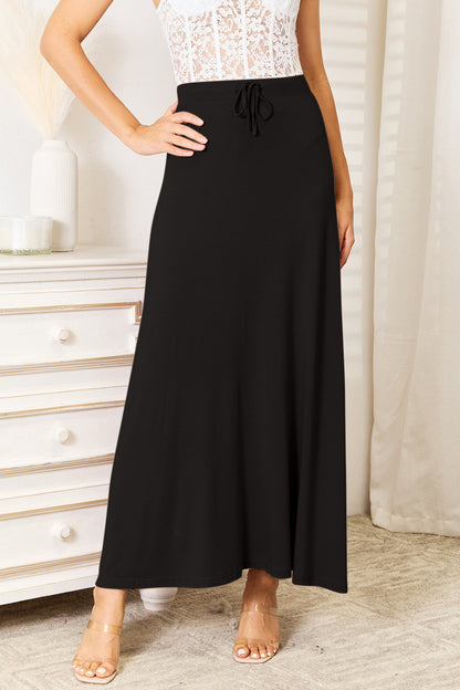Mocha full-size soft rayon maxi skirt with drawstring waist, stylish and flowy for casual or dressy wear.