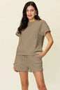 Trendsi mocha-colored double take full-size texture short sleeve T-shirt and drawstring shorts set, casual and comfortable.