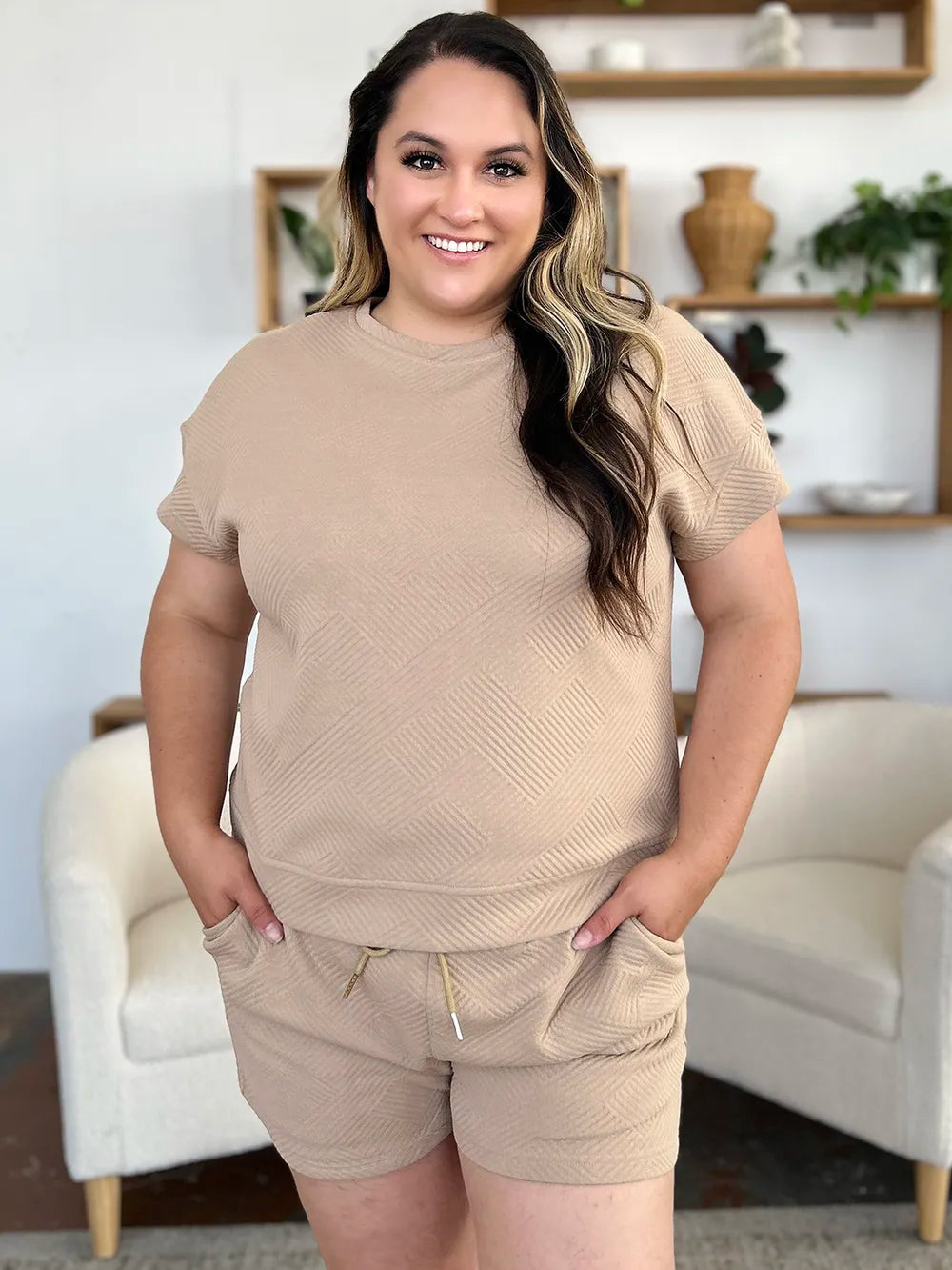 Trendsi mocha double take full-size textured short sleeve T-shirt and drawstring shorts set on a model.