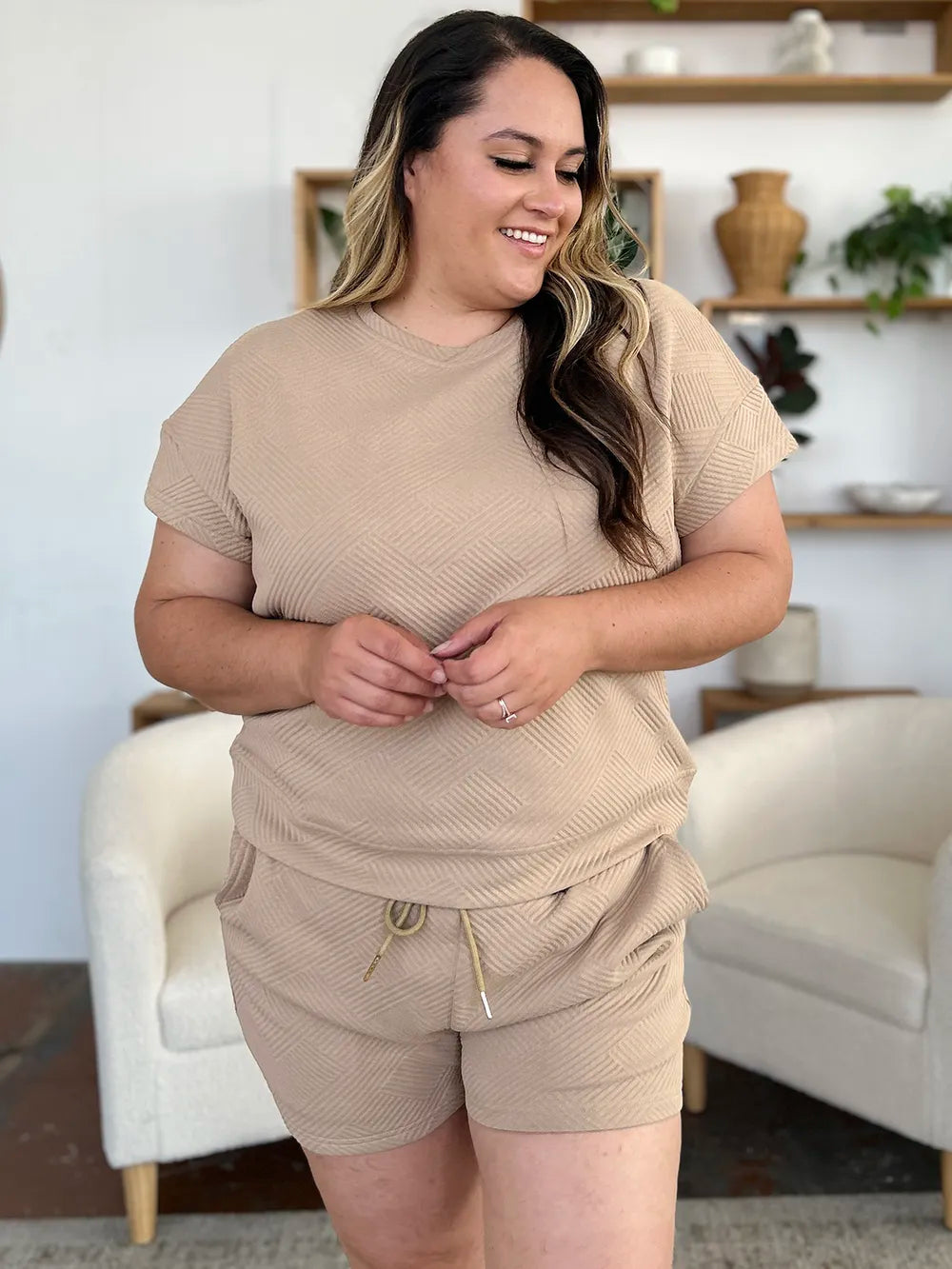 Trendsi mocha double take full size textured short sleeve T-shirt and drawstring shorts set on a model.