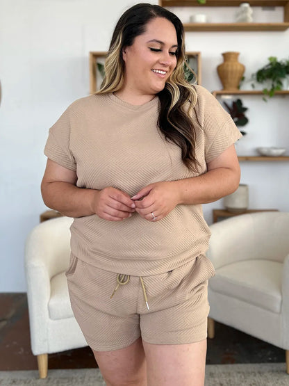 Trendsi mocha double take full size textured short sleeve T-shirt and drawstring shorts set on a model.